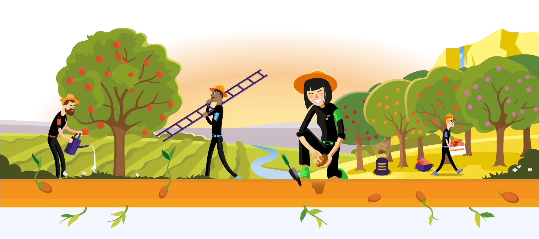 Boomgaard van Digital Farmers: een farmer giet de plantjes, een tweede draagt een ladder, een derde plant lachend een zaadje en een vierde draagt een kist fruit.